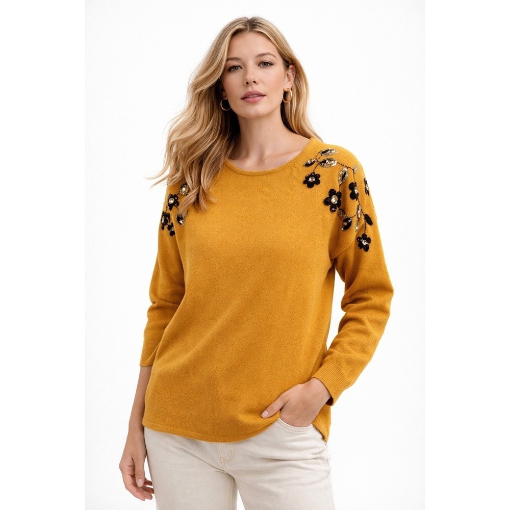 Fair Lady Embroidered Sweater Mustard Yellow Floral‎ Knit Size 12